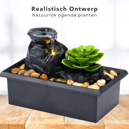 Cheqo® Kamerfontein - Binnenfontein - Rustgevende Zen Sfeer - LED Verlichting - Compact Design - Kunstplant - Tuinfontein - Cascadefontein - Binnenfontein - Fontein - Waterornament