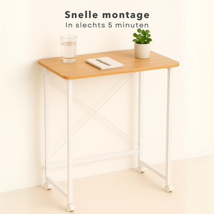 Cheqo® Inklapbare Wandtafel - Bijzettafel - Laptop Tafel - Haltafel - Bedtafel - Wit Metaal - Met Wielen