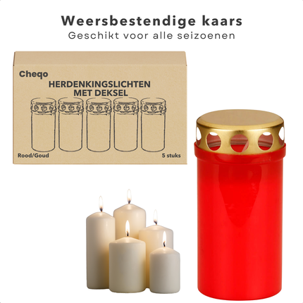 Cheqo® Herdenkingslicht Set - Noveenkaarsen - Noveenkaars - Herdenkingslichten Set - Rood/Goud - Grafkaarsen met Deksel - 5 Stuks - Voor Buiten