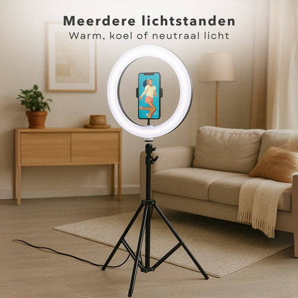 Cheqo® Ringlamp met Statief – Selfie Ringlight 12” – 120 LED Lampjes – TikTok Lamp – Dimbaar Licht – 3 Lichtstanden: Cool, Warm & Neutraal – 360° Draaibaar – USB – Universele Telefoonhouder – Vlog & YouTube Licht