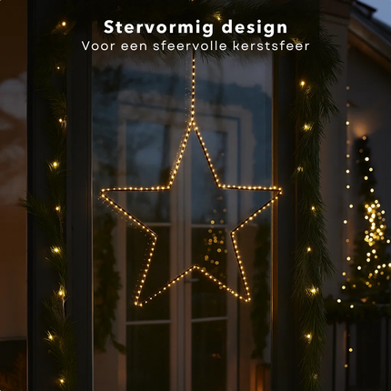 Cheqo® Ster Kerstverlichting - Kerstster - Warm Witte LED - Decoratieve Hangers - Zwarte Metalen Frame - Moderne Stijl - Kerstdecoratie Buiten - LED Lampjes Met Timer - 180 LED Lampjes - Adapter Inbegrepen - Tuinverlichting