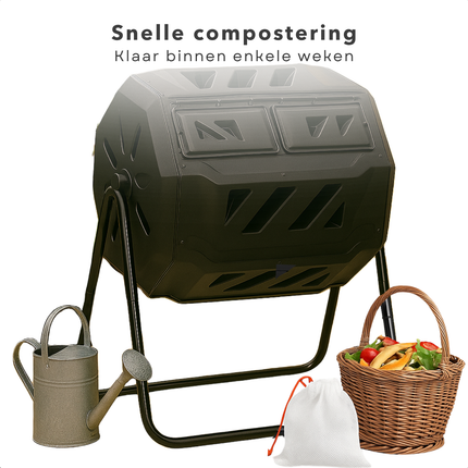 Cheqo® Compostmolen 160L - Compost Molen - Compost Vat - Compostbak - Composter - Compostvat - Roterend Tuin Compostsysteem - Kunststof & Metaal - 360 Graden Ventilatie
