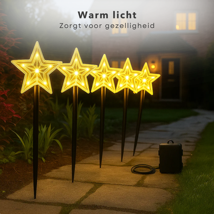 Cheqo® Tuinsteker Kerstster - LED Tuinstekers - Kerstverlichting Buiten - Set Van 5 - Met Timer - Op Batterijen - Warm Wit Licht - Acryl Kerstster - Kunststof Grondpen - IP44 Geschikt Voor Buiten - Automatische Timer - 8 Uur Aan 16 Uur Uit