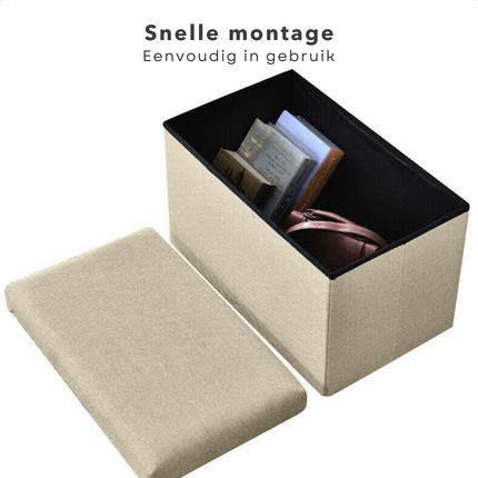 Cheqo® Opvouwbare Poef Met Opbergruimte - Beige - Grote Opbergbox - Organizer - Voetenbankje - Hocker - MDF en Katoen