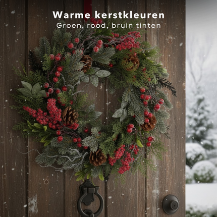 Cheqo® Kerstkrans Rood - Ø50 cm - Traditionele Kerstkleuren - Groene Dennennaaldjes - Rode Besjes - Bruine Dennenappels - Witte Afwerking - Licht Besneeuwd Effect - Eenvoudige Ophanging - Kerst Krans - Deurkrans