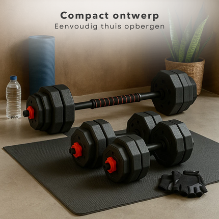 Cheqo® Verstelbare Dumbbell Set - Halterset Gewichten - Dumbbells En Halterstang - Fitness Gewichten - Krachttraining Thuis - Multifunctionele Gewichten Set - Dumbbell Set 19 Stuks - Barbell Maken - Gewichten Van 1,25 Tot 2 kg