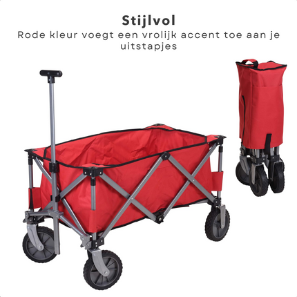 Cheqo® Robuuste Bolderkar - Opvouwbaar en Uitklapbaar - Hoge Draagcapaciteit - Voor Boodschappen & Vervoer - 90x49x58 cm - Rood - Stevig Frame - 70 KG Draagkracht - Bolderwagen - Boodschappentrolley - Draaibare Wielen Bolderkarren