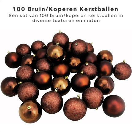 Cheqo® Luxe Kerstballen Set - Kerstballenset - Kerstdecoratie - Kerstboom Versieren - Kerstversiering - Onbreekbaar - Met Ophangoogje - Kerstversiering Kerstboom - Mat - Glans - Glitter - 100 Stuks - Koper - Bruin - Verschillende Texturen Kerstballen