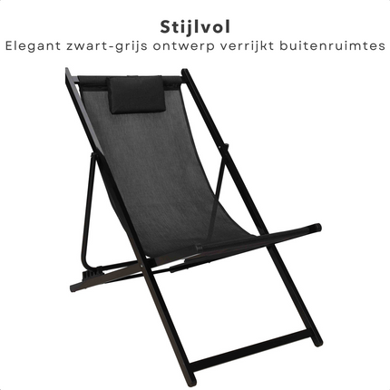 Cheqo® Luxe Ligstoel - Zwart-Grijs - Inklapbaar en Verstelbaar - Tuinligstoel met Hoofdsteun - Draagbaar - 101x61x91 cm - 3.8 KG - Voor Thuis en Onderweg - Campingstoel - Tuinstoel - Loungestoel -  Verstelbare Rugsteun Ligbedden