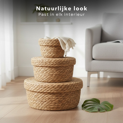Cheqo® Opbergmand Met Deksel - Mand Met Deksel - Ronde Opbergmand Met Deksel - Opbergmand Set - Set Opbergmanden Met Deksel - Manden Set Met Deksel - Opbergmandjes Met Deksel - Mandjes Met Deksel - Bruine Opbergmand Met Deksel