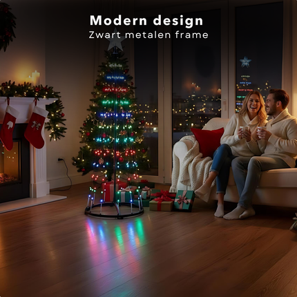 Cheqo® LED Kerstboom Buiten - Vlaggenmast Verlichting - 150 cm Hoogte - Colour Changing - Afstandsbediening - Zwart Frame - IP44 Adapter - RGB Licht - Lichtgevende Kerstboom - Verlichte Kerstboom - Lichtboom - LED Boom