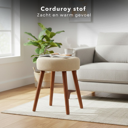 Cheqo® Bijzetkrukje - Bijzetkruk - Poef - Voetenbank - Voetenbankje - Kruk - Krukje - Creme Poef - Creme Voetenbank - Corduroy Poef - Corduroy Voetenbank