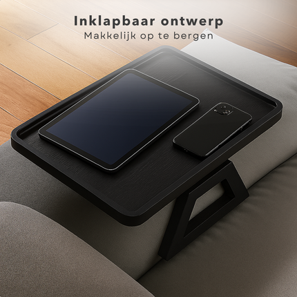Cheqo® Armleuning Dienblad - Zwart Bamboe - Antislip Functie - Sofa Dienblad - Banktafel Dienblad - Opvouwbaar Dienblad - Bamboe Materiaal - Zwart Kleur - Bank Armleuning - Armleuning Tafel