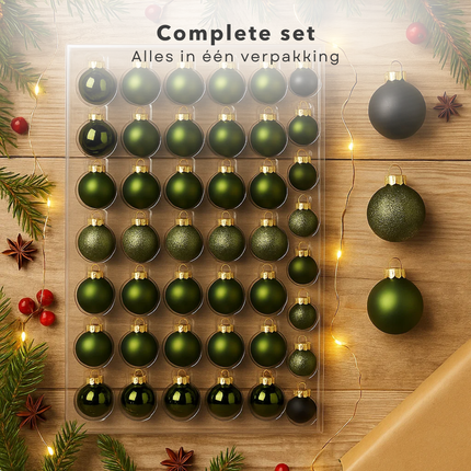 Cheqo® Donkergroene Glazen Kerstballen - Kerstboomversiering Donkergroen - Glans En Mat - Glazen Kerstballen Set - Glitter Kerstballen - Kerstballen Set - Kerstbal Set Van 42 Stuks