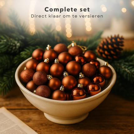 Cheqo® Kerstballen Set - Glazen Kerstballen - Bruine Kerstballen - Kerstboom Decoratie - Set Van 42 - Glimmende Kerstballen - Glitter Kerstballen - Diverse Afmetingen - Kerstballen Set Bruin - Kerstbal Set