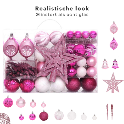 Cheqo® 108-delige Onbreekbare Kerstballen Set - Kerstballenset - Wit en Roze - Kunststof Decoratie - Lichtgewicht