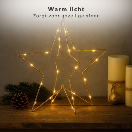 Cheqo® Goudkleurige Kerstster - Kerstster Met Ledverlichting - Ledverlichting Op Batterij - Kerstdecoratie Goud - Kerstversiering Met Licht - Sfeerverlichting Kerst - Kerst Verlichting - Kerst Decoratie Ster - Kerstornament