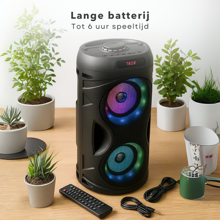 Cheqo® Bluetooth Party Speaker - Draagbare Speaker - Krachtig Geluid - RGB LED-Verlichting - Draadloze Verbinding - Bluetooth 5.3 - TWS-Functie - Multifunctioneel Afspelen - USB, Micro SD, AUX - FM-Radio - Lange Batterijduur - 10W Vermogen