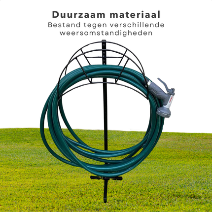 Cheqo® Tuinslanghouder Metaal - Tuinslang Standaard - Slanghouder - Staand met Grondpinnen - 50 Meter Capaciteit - Zwart