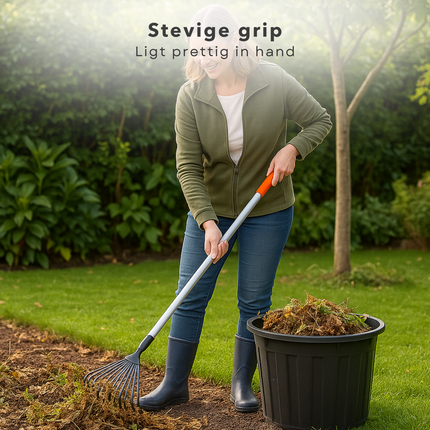 Cheqo® Telescopische Tuinhark – Verstelbare Bladhark met Uitschuifbare Steel – Aluminium & Koolstofstaal – Corrosievrij Tuingereedschap – Lichtgewicht Hark voor Tuin en Gazon – Stevige Telescopische Handgreep