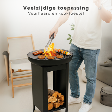 Cheqo® Vuurkorf met BBQ - Barbecue Roestvrij Staal - Grillring - Plancha Grill - Vuurschaal - Buitenkeuken met Houtopslag - 2-in-1 Grill en Terrashaard - Inclusief Teppanyaki Plaat
