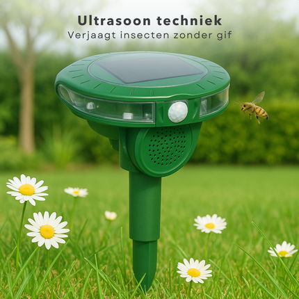 Cheqo® Ultrasone Ongediertje Verjager - Mollen Verjager - Mollenverjager op Zonne Energie - Insectenverjager - Bewegingssensor - Spatwaterdicht - Voor Tuin