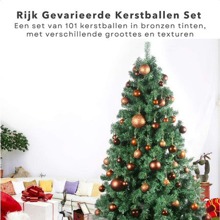 Cheqo® Luxe Bronzen Kerstballen Set - Met Piek - 101 stuks - Kunststof - Kerstboomversiering - Kerstversiering - Onbreekbaar - Verschillende Formaten & Designs - Kerstboom - Kerstballenset - Kerstdecoratie - Kerst - Christmas Kerstballen