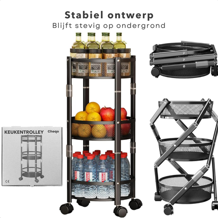 Cheqo® Keukentrolley op Wieltjes - Serveerwagen - Keukenrek - Keuken Trolley - Keukenorganizer - Zwart - Verrijdbaar 3-Laags Opbergrek - Staal - Opvouwbaar