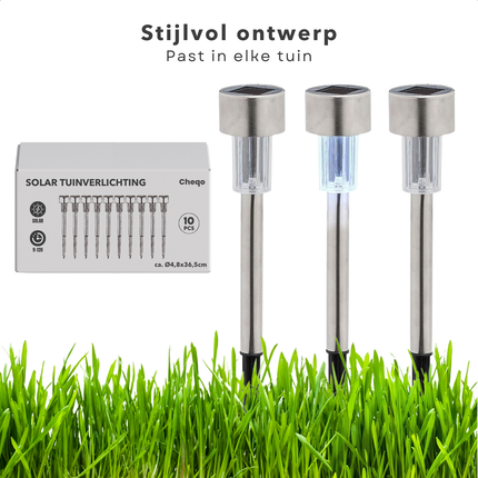 Cheqo® Solar Tuinverlichting Set - Padverlichting - 10 Stuks - RVS - Prikspots - Weerbestendig - Tuinspot met Grondspies Set - Buitenverlichting op Zonne-energie