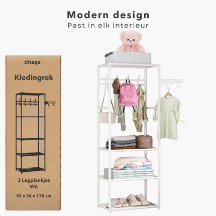 Cheqo® Metalen Kledingrek - Garderoberek - Kleerkast - Kleding Kast - Garderoberek - Kapstok - 3 Legplanken - Wit - 170 cm Hoog - Praktisch Opbergen