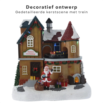 Cheqo® Kersthuisje Polyresin - Kersttafereel - Kerstdorp Huisje - Verlichting & Beweging - LED Trein