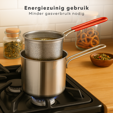 Cheqo® Frituurpan met Korf - Voor Fornuis - Frituur Pan - RVS - 1.2L - Geschikt Voor Gas - Inclusief Frituurmandje