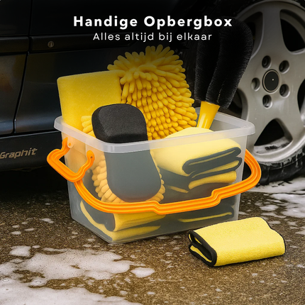 Cheqo® Auto Schoonmaakset - Car Cleaning Set - Velgenborstel - Schoonmaakdoeken - 2-In-1 Spons - Insectenspons - Auto Interieur Reiniging - Auto Exterieur Reiniging - Opbergbox Auto - Auto Poets Set - Auto Wassen - Auto Detailing