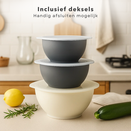 Cheqo® Mengkommen Set - Beslagkom Met Deksel - Polypropyleen Mengkom - Keuken Essential - 3-Delige Set - Vaatwasserbestendig - Magnetronbestendig - Nestbare Kommen - Compacte Opslag - Schenktuit - Siliconen Deksel - Bakken En Mixen