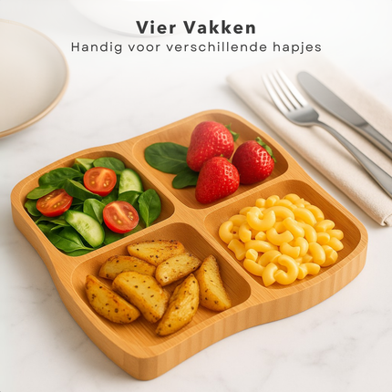 Cheqo® Bamboe Tapas Plank - Borrelplank - Serveerplateau - Tapasplank - Kaasplank - Vier Vakken - Ideaal voor Feestjes - Duurzaam Bamboe