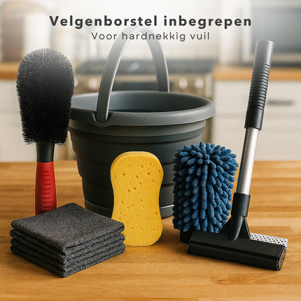 Cheqo® Auto Schoonmaakset 7-Delige Set – Microvezel Doek & Autowashandschoen – Opvouwbare Emmer – Velgenborstel – Raamwisser – Auto Interieur & Exterieur Reiniging – Compact & Lichtgewicht – Zonder Krassen – Auto Poets Set