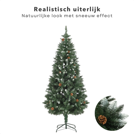 Cheqo® Kunstkerstboom 210 cm - Kerstboom met Sneeuw & Dennenappels - Metalen Voet - 1024 Toppen