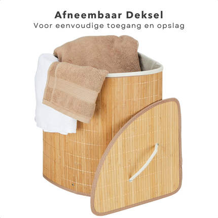 Cheqo® Bamboe Wasmand Hoekmodel - Wassorteerder met Waszak - 72L Opvouwbaar - Naturel met Deksel