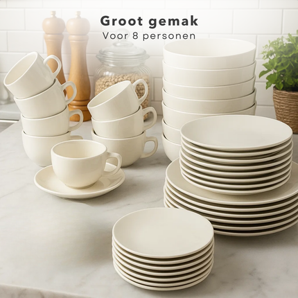Cheqo® Serviesset 8 Persoons - 40-Delige Serviesset - Witte Serviesset - Aardewerk Servies - Vaatwasserbestendig Servies - Magnetronbestendig Servies - Elegante Tafelsetting - Borden En Kommen - Kopjes Met Schotel - Ronde Borden