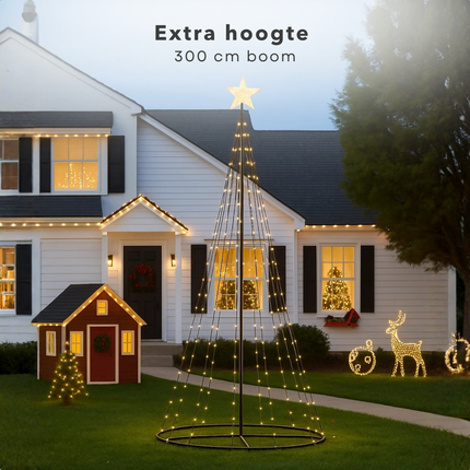 Cheqo® Kerstboom Vlaggenmast - 300 cm Hoogte - 550 LED - Warm Wit Licht - Zwart Frame - Afstandsbediening - Binnen En Buiten - Vlaggenmast Verlichting - Metaal Frame - Kunststof Basis - IP44 Adapter - Ster Met LED - Kerstlampjes Buiten