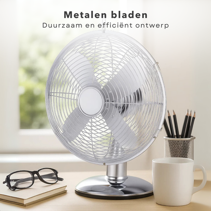 Cheqo® Tafelventilator 30 cm – Retro Design – Chroom – 3 Snelheden – Kantelbaar – Zwenkfunctie – Metalen Bladen – Bureau Ventilator – Stil – Compact – Verstelbare Kop – Energiezuinig – Ventilator met Handvat – 35 Watt