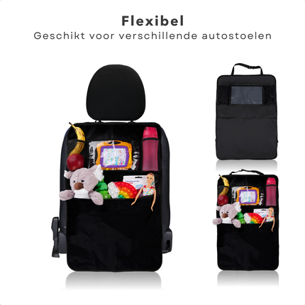 Cheqo® Autostoel Organizer met Tablethouder - Auto Stoel Beschermhoes - Auto Organizer voor Kinderen - Zwart - Verstelbare Opbergtas - 70x45 cm - Vlekbestendig