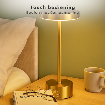 Cheqo® Gouden Tafellamp Oplaadbaar - Draadloos En Dimbaar - Touch Lamp - Nachtlamp Slaapkamer - Usb Oplaadbaar - Dimbare Tafellamp - Moderne Touch Lamp - LED Tafellamp - Tafellamp Zonder Snoer - Goud Tafellamp