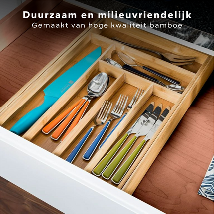 Cheqo® Verstelbare Besteklade - Flexibele Bestekorganizer -  Uitschuifbare Bestekbak - 34-56 cm - Vakindeling - Duurzaam Bamboe  - Besteklade - 5 tot 7 Vakken - Bestekcassette Bestekbakken