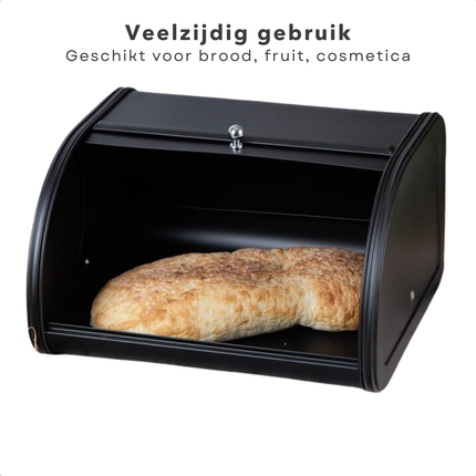 Stylish black bread box with sliding lid showcasing bread; versatile use for bread, fruit, and cosmetics.