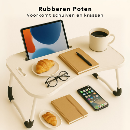 Cheqo® Opklapbare Laptoptafel - Ontbijt op Bed Tafel - Bedtafel met Tablethouder - Bank Tafeltje - Banktafel - Ontbijttafeltje - Wit