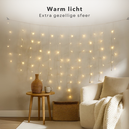 Cheqo® Ijspegel Lichtgordijn - 7.10 Meter - 360 LED's - Extra Warm Wit - Soft Wire - Kerstverlichting Buiten - Energiezuinige LED's - Spatwaterdicht IP44 - Binnen En Buiten - 8 Lichtfuncties - Groene Snoer - Lange En Korte Strengen - 3.6W Verbruik