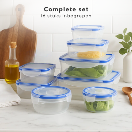 Cheqo® Plastic Bewaardozen - 16-Delige Set - Klikdeksel - Magnetronbestendig - Vaatwasserbestendig - Diepvriesbestendig - Voedsel Bewaren - Vershoudbakjes - Polypropyleen Kunststof - Transparante Bakjes - Rechthoekige Doosjes - Meal Prep