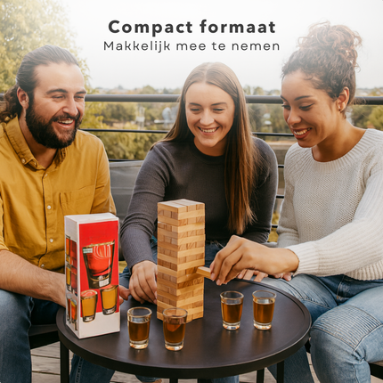 Cheqo® Drinkspel - Drankspel Voor Volwassenen - Gezelschapsspel - Houten Blokjes - Stapelspel - Spel Voor 2 - 4 Spelers - Gemiddelde Speeltijd 15 Minuten - Bouw De Toren - Vallende Toren - Shotglaasje Leegdrinken - 60 Houten Blokjes