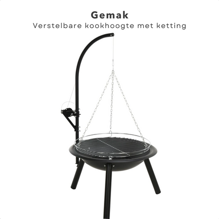 Cheqo® Verstelbare Barbecue Met Grillrooster en Ketting - Ø55Cm - Hoogte 100Cm - BBQ - Vuurschaal - Houtskool BBQ